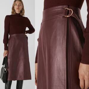 WHISTLES Selina Burgundy Leather Midi D Ring Wrap Skirt US 0 NWT $599